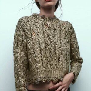 Zara Distressed Metallic Gold Cable Knit Sweater